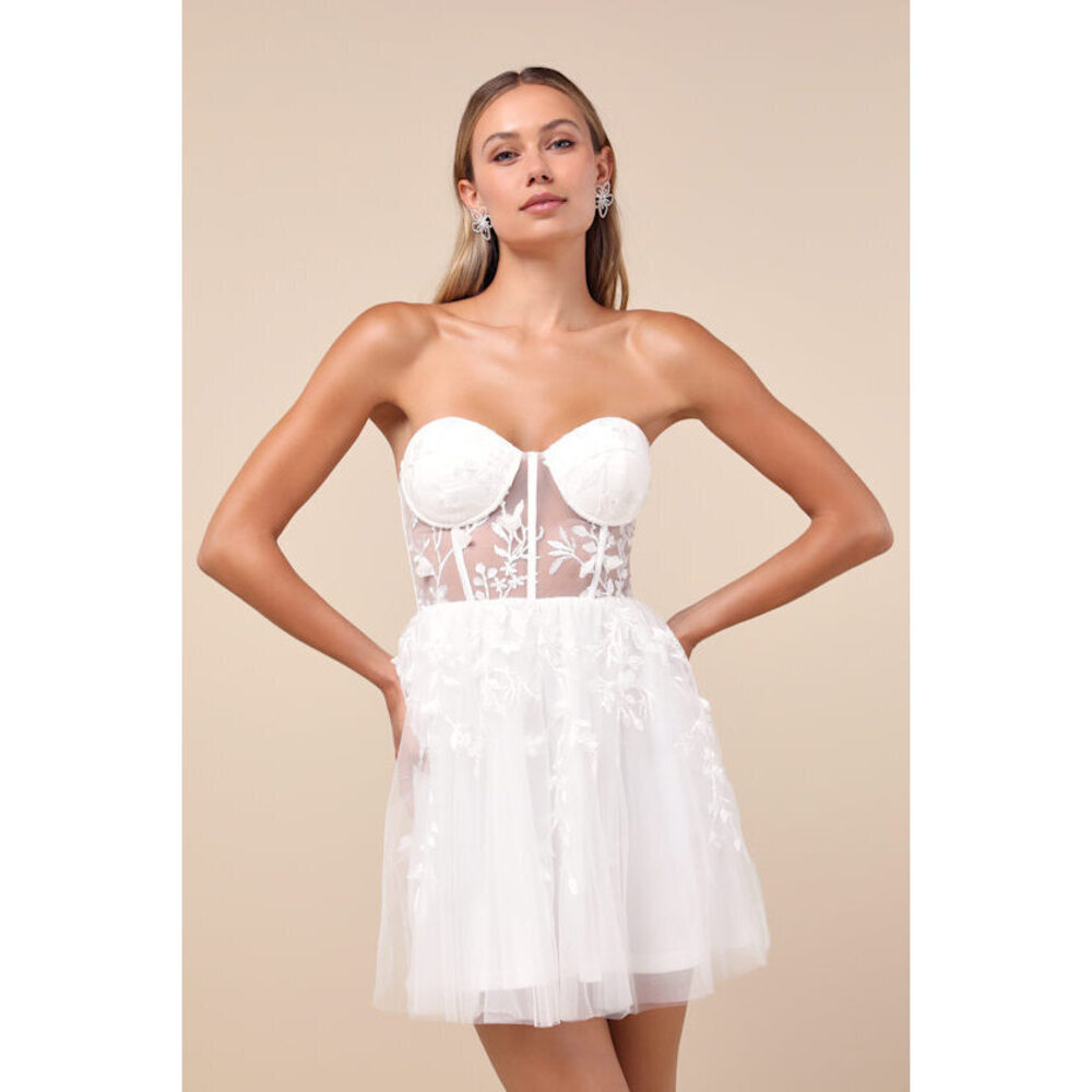 NWT Lulus White Tulle Embroidered Strapless Mini Dress - Size L